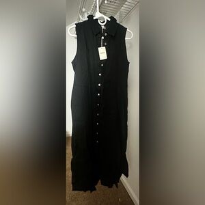 LINEN Black Sleeveless Scoop Neck Sheath Midi Dress